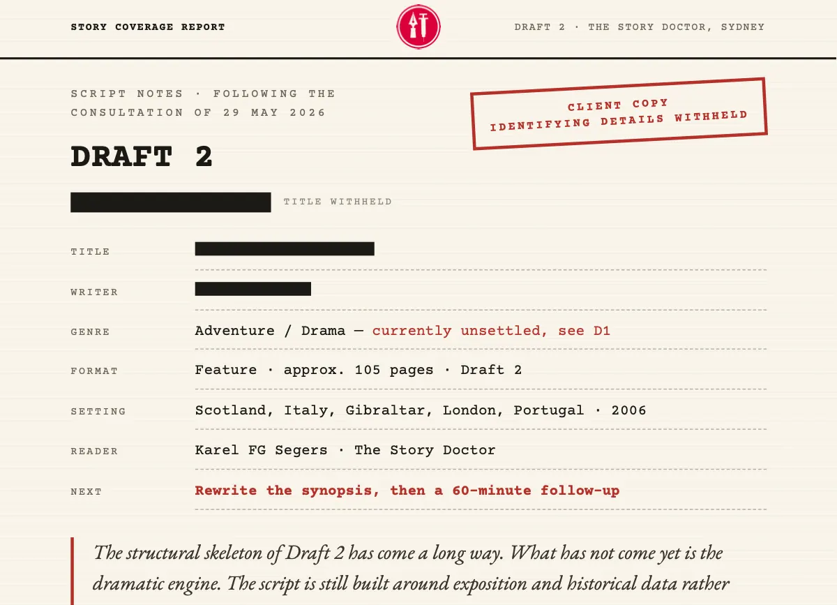 The first page of a story coverage report, cropped to the width of the sheet: the letterhead, then draft number, genre, format, setting and the next step, with the title and the writer’s name blacked out and a stamp reading “client copy, identifying details withheld”.