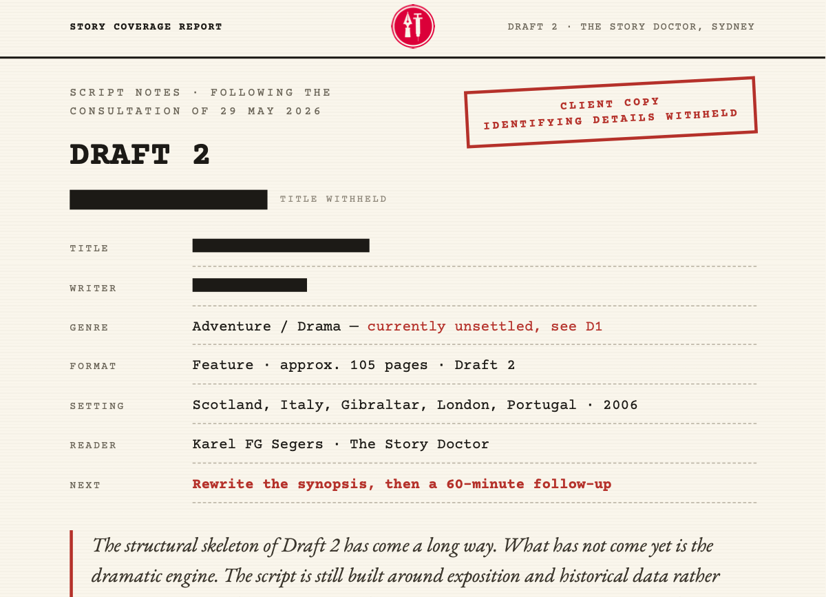 The first page of a story coverage report, cropped to the width of the sheet: the letterhead, then draft number, genre, format, setting and the next step, with the title and the writer’s name blacked out and a stamp reading “client copy, identifying details withheld”.