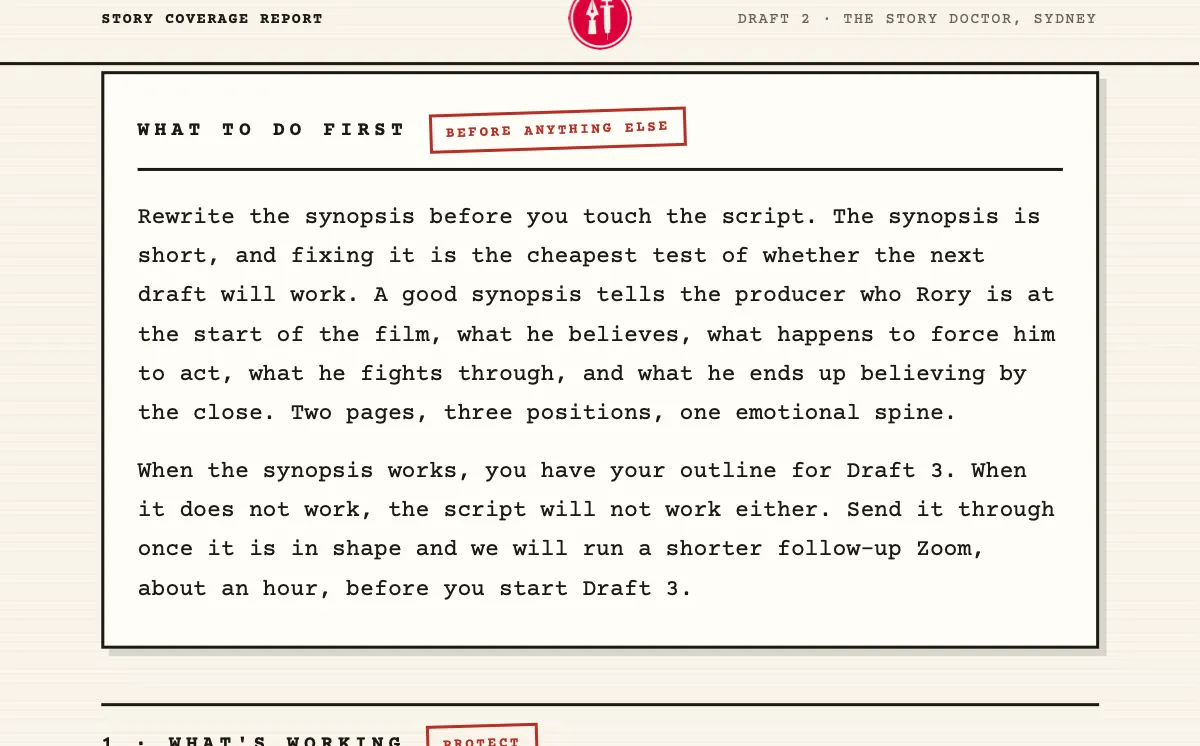 A panel headed “What to do first — before anything else”, instructing the writer to rewrite the synopsis before touching the script.
