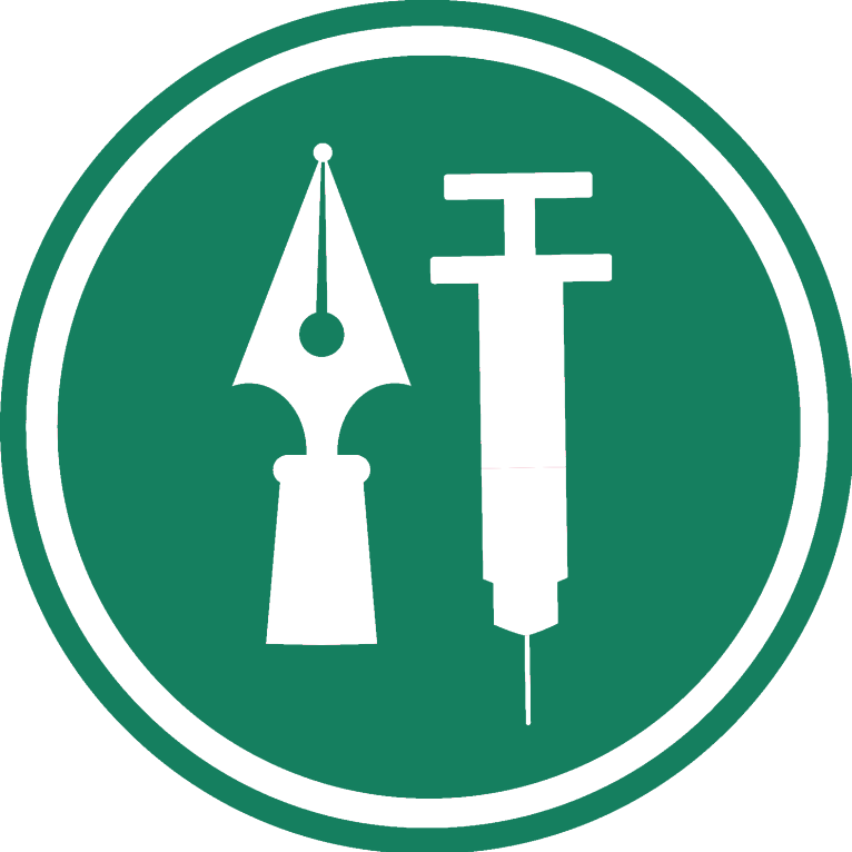 The Story Doctor logo: a pen nib and a syringe in a red circle